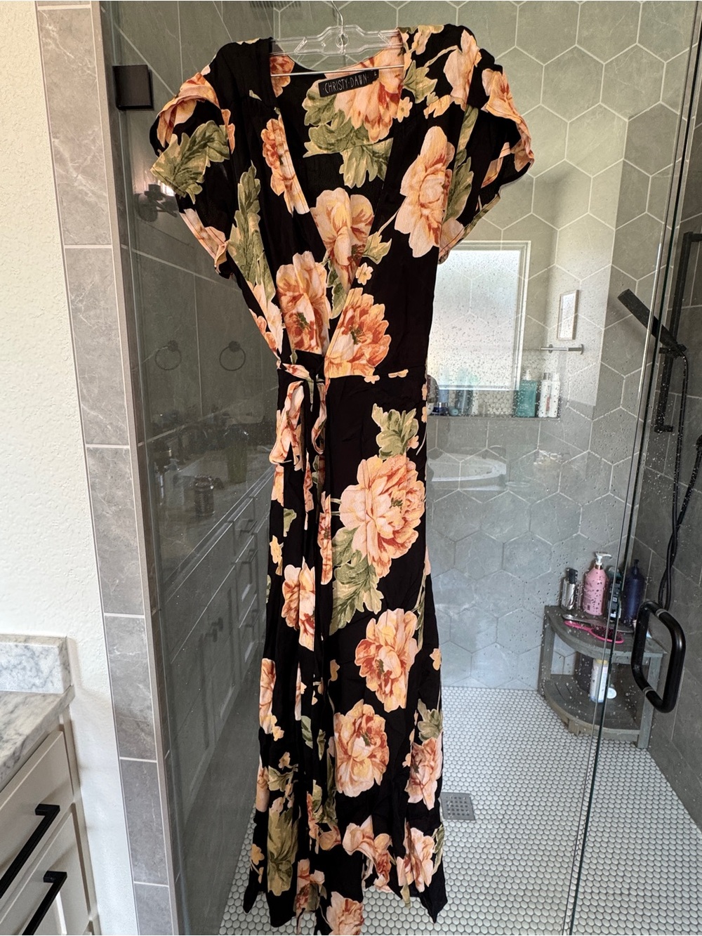Christy Dawn Black Maxi Dress with Peach Floral Print